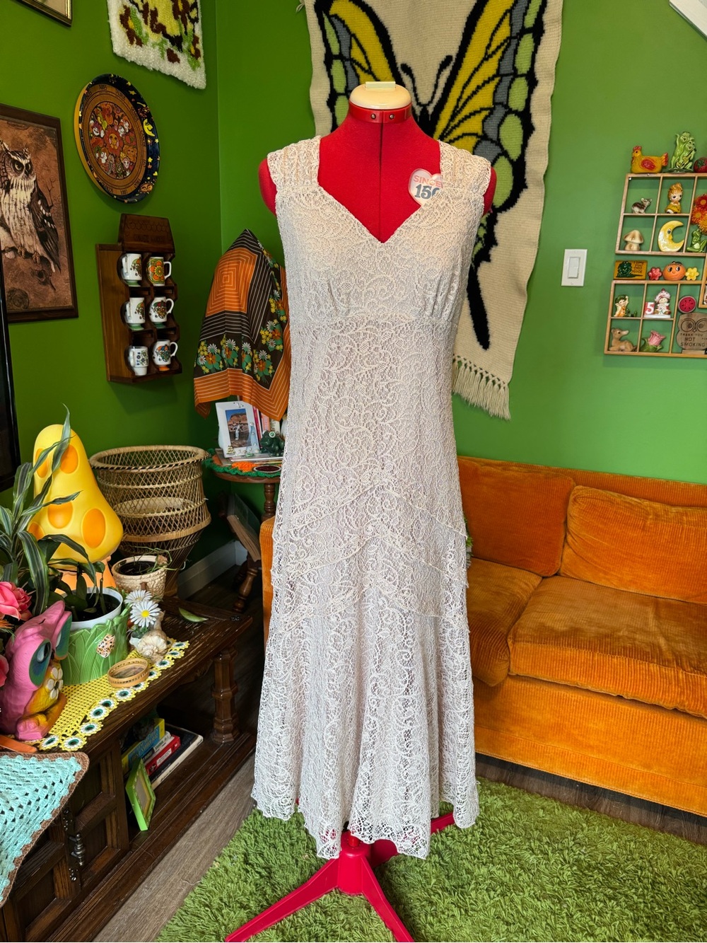 Lace V-Neck Maxi Dress - White/Cream with silver thread throughout